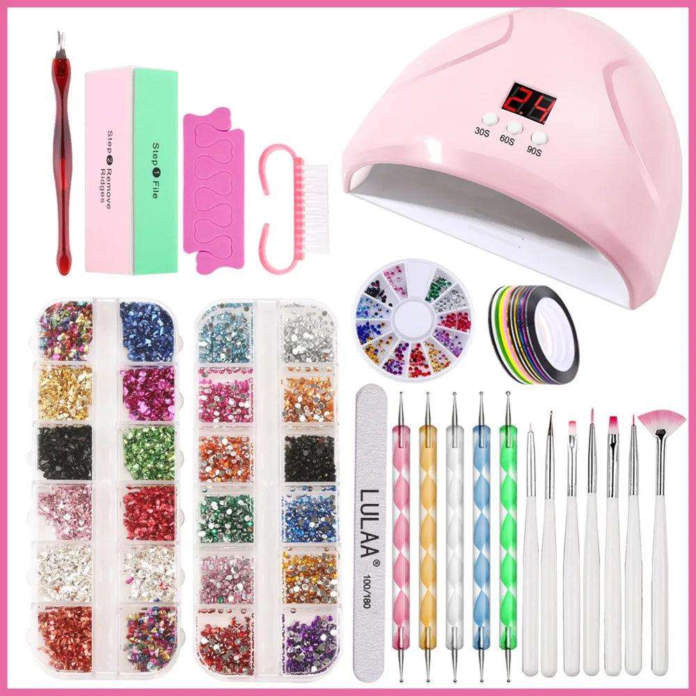 Nail polish gel set with UV LED lamp, nail art tools, and vibrant decorations.