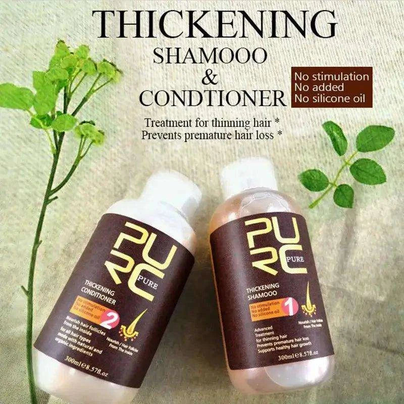 PURC Hair Shampoo and Conditioner bottles with label descriptions and plant background.