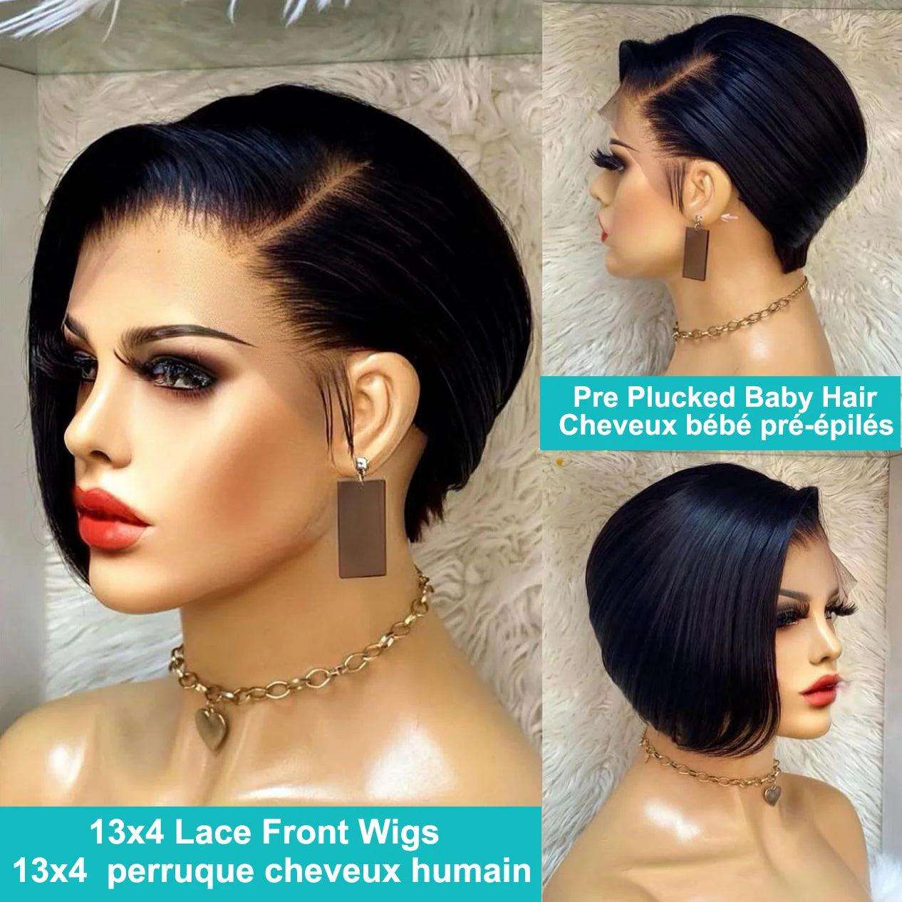 13x4 Short Pixie Cut Bob Human Hair Wig Lace Front Wigs Brazilian - hairandbeauty