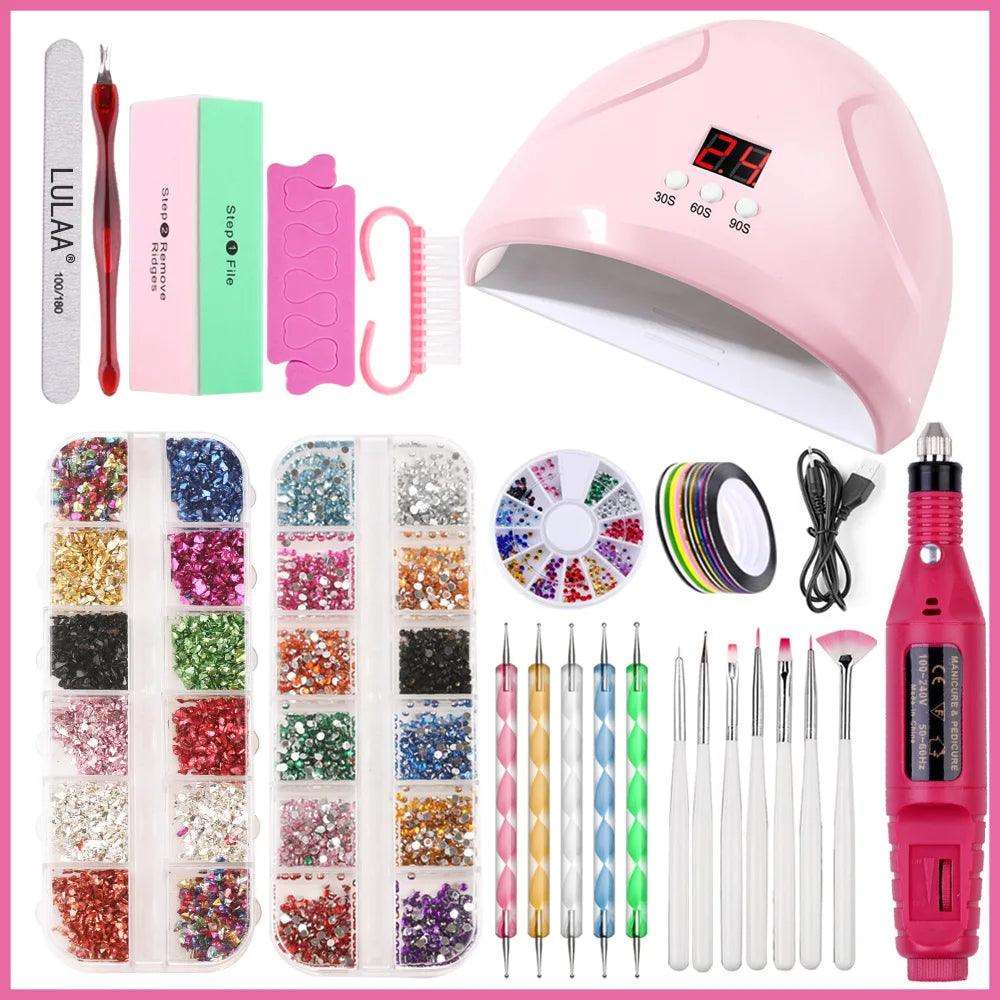 Nail Polish Set Gel Nail Set UV LED with UV light dryer and electric nail drill, perfect for creating shiny, long-lasting nails.